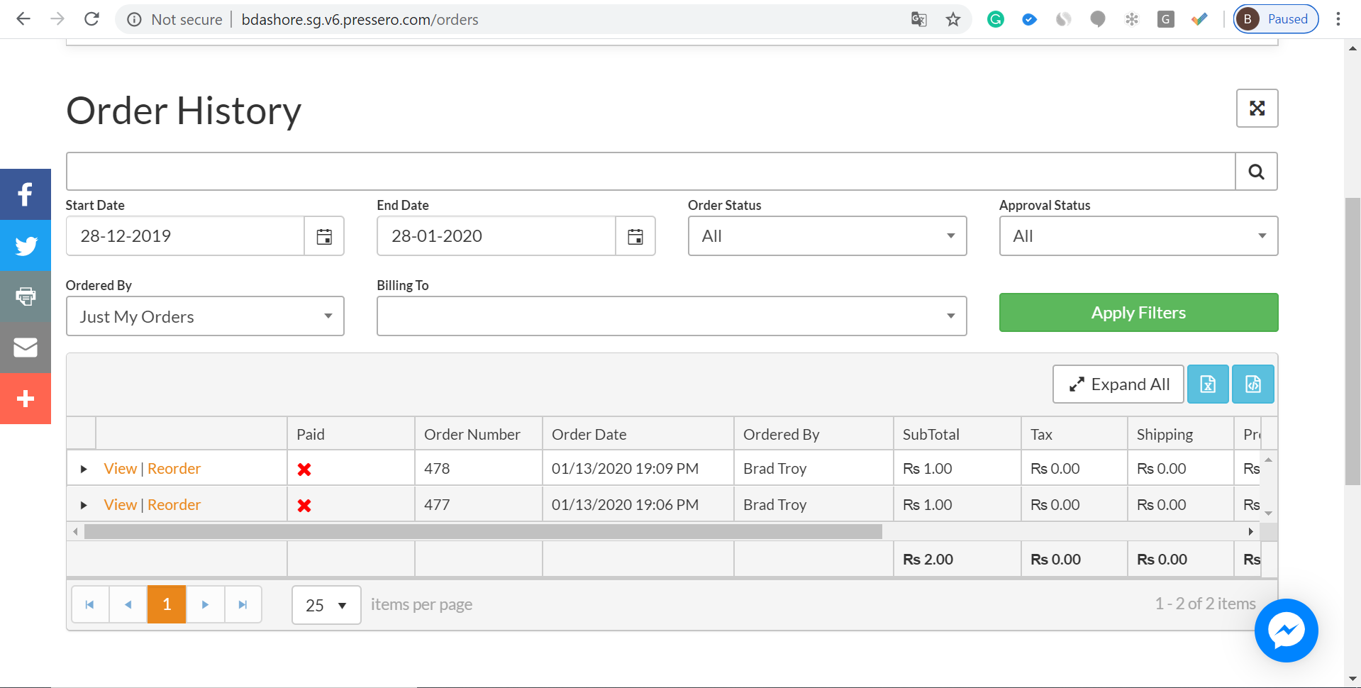 How to Use Order Filters in a B2B's Order History page